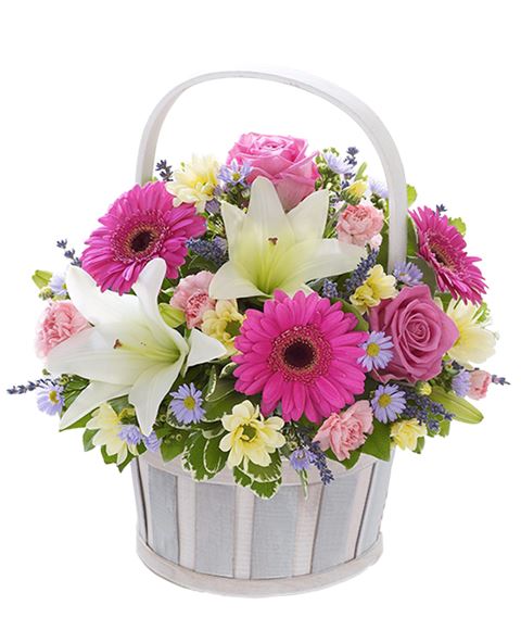 Cesto Di Lilium Bianchi Gerbere Rosa E Fiorellini Gialli Rosa E Violetto Con Verde Decorativo